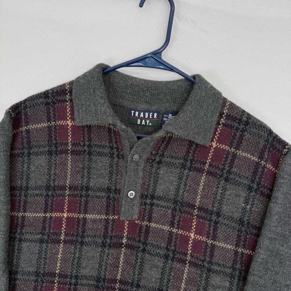 VTG Trader Bay Mens M Sweater Golf Plaid Red Gray Knit Merino Wool Blend Preppy - Picture 2 of 9